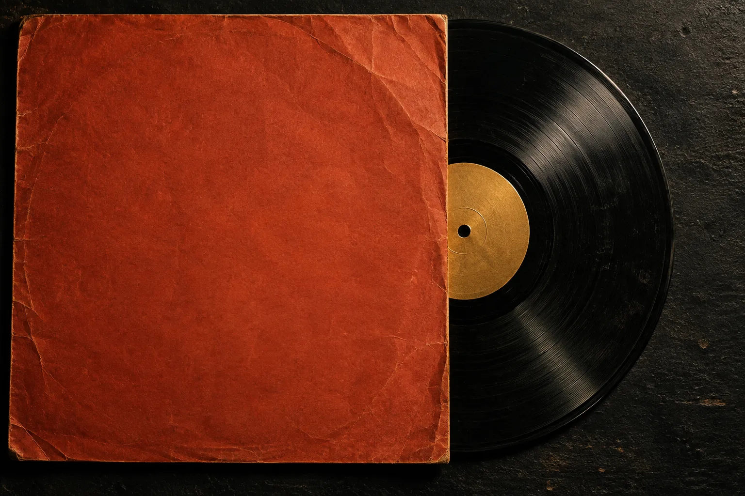 A worn vinyl record emerging from a rust-red sleeve